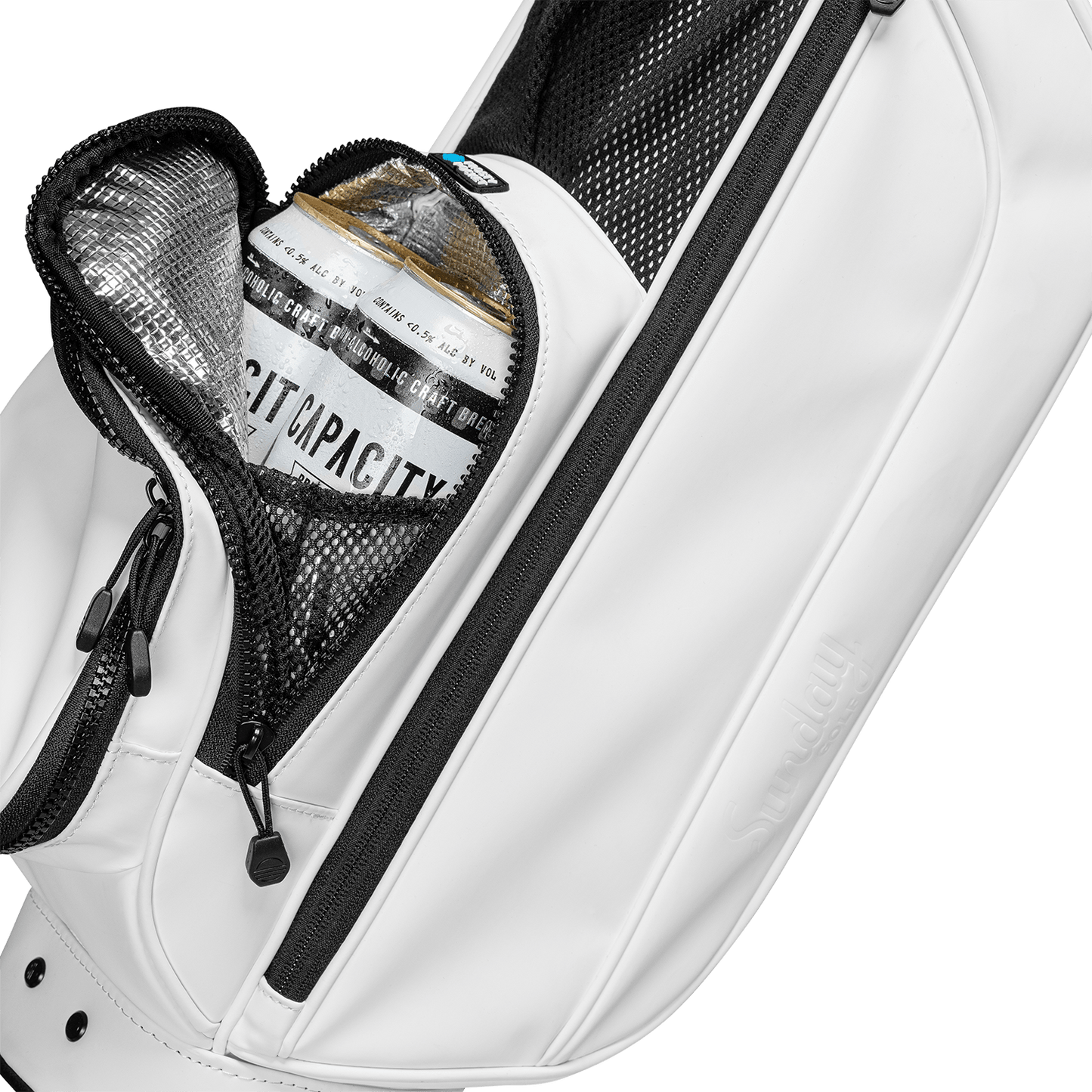 Loma XL in white vegan leather close up shot of frosty pocket with 2 cans inside