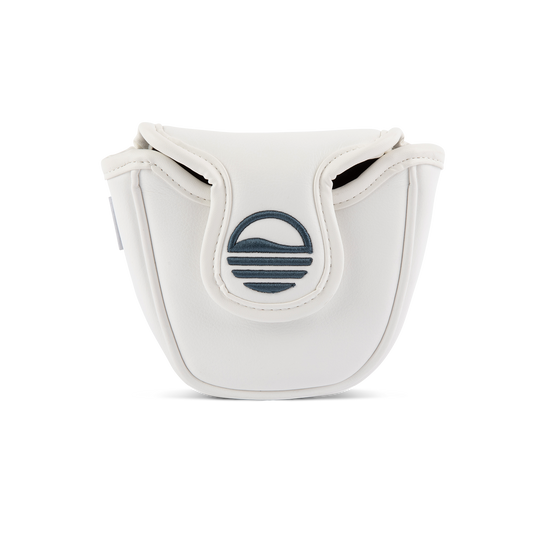 Front shot of mallet putter golf headcover in white and navy vegan leather
