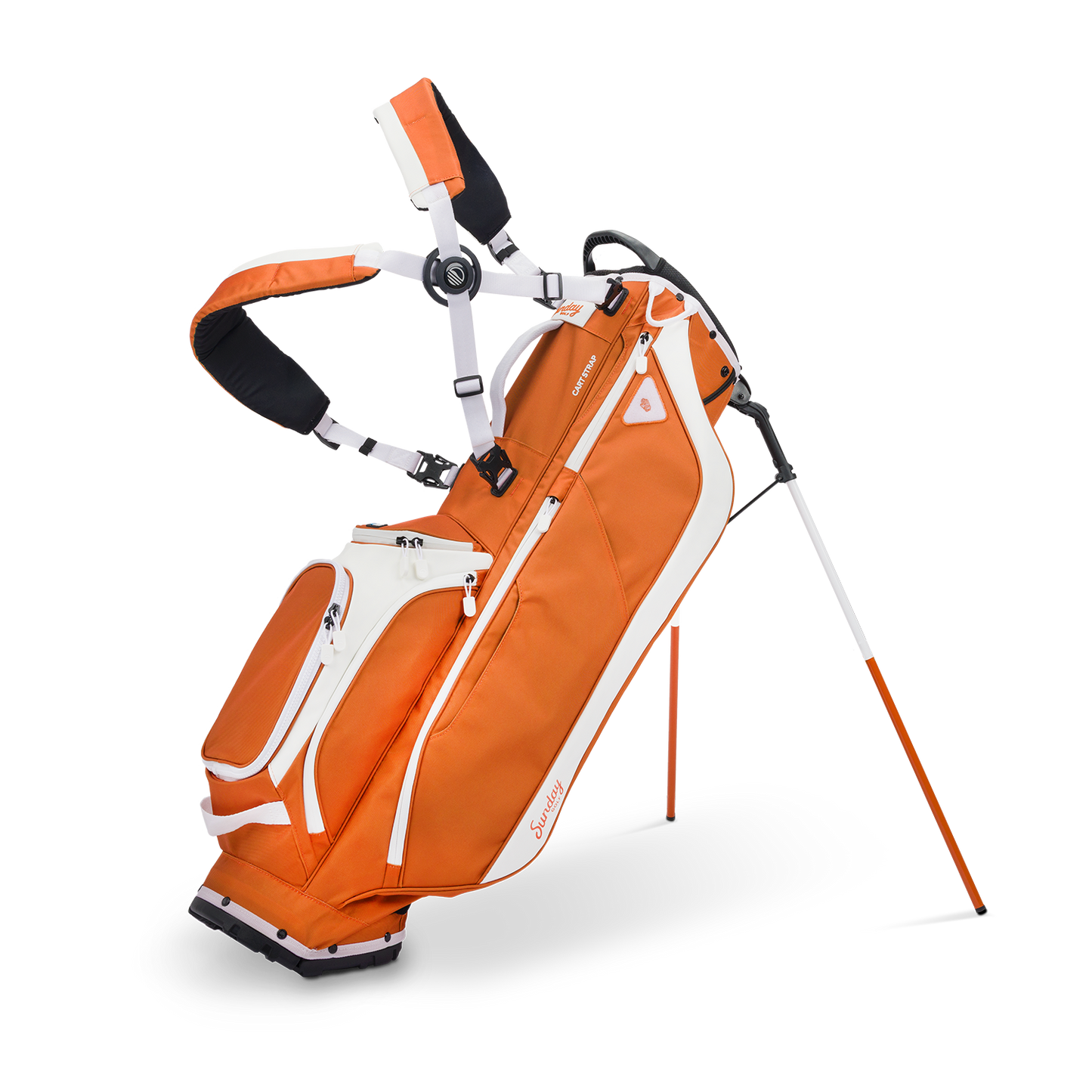 A full front shot of standing Ryder golf bag in burnt orange with double strap